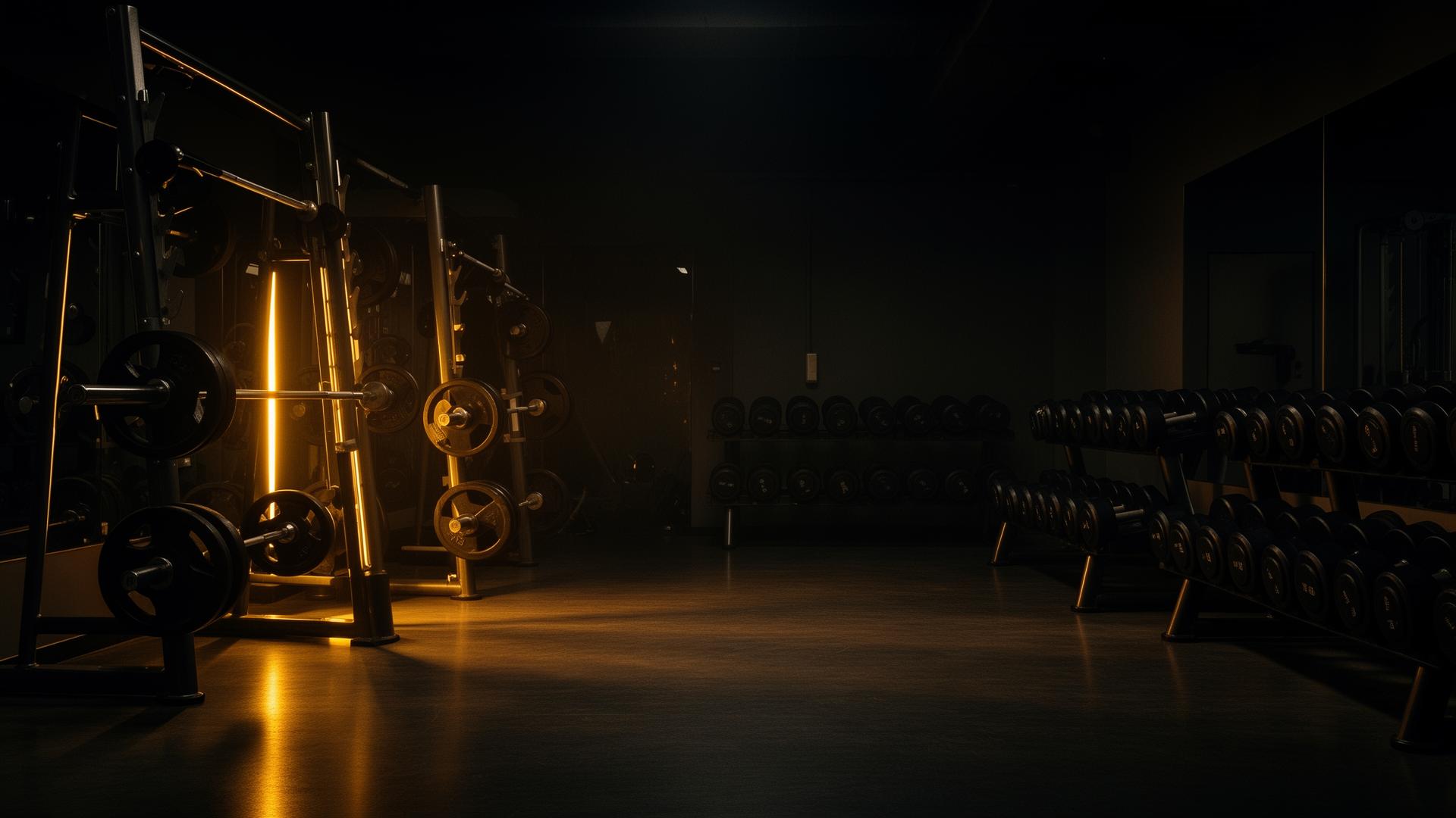 Wnętrze studia Physique Pro Team — wolne ciężary i dramatyczne oświetlenie